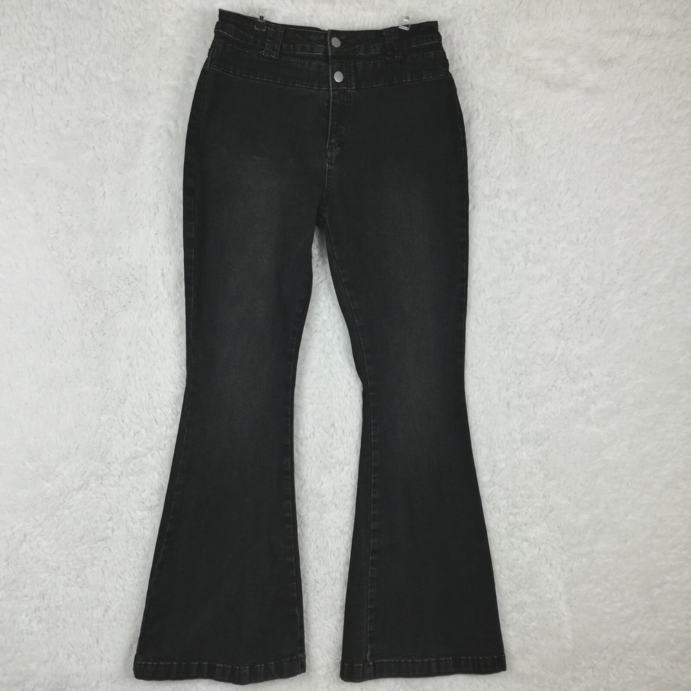 Pantete Jeans Womens Flare Wide Leg Denim Black Wash High Rise Double Button L